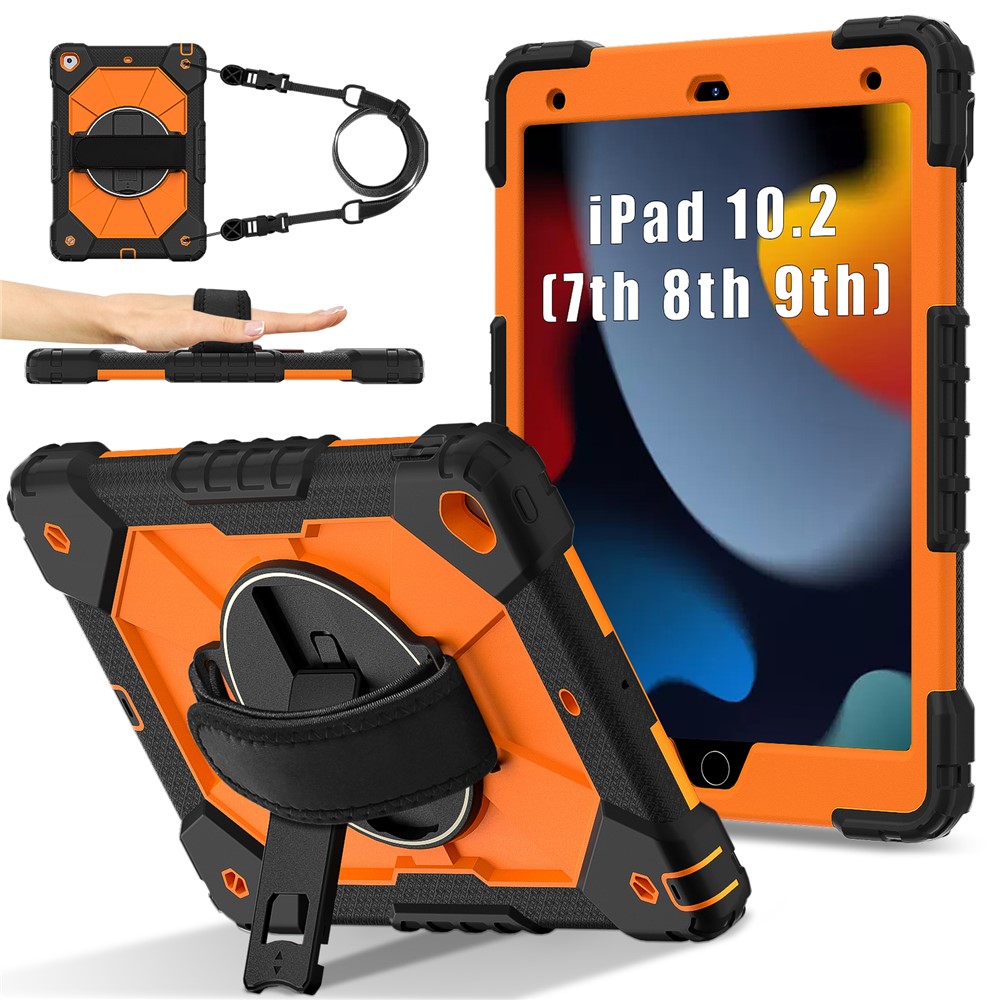 Tablet Case For iPad 10.2 (2021) / (2020) / (2019) Silicone + PC Kickstand Cover with Handy Strap, Shoulder Strap - Black / Orange