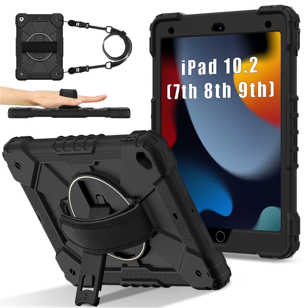 Tablet Case For iPad 10.2 (2021) / (2020) / (2019) Silicone + PC Kickstand Cover with Handy Strap, Shoulder Strap - Black / Black