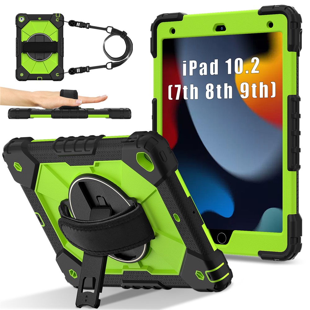 Tablet Case For iPad 10.2 (2021) / (2020) / (2019) Silicone + PC Kickstand Cover with Handy Strap, Shoulder Strap - Black / Yellowgreen