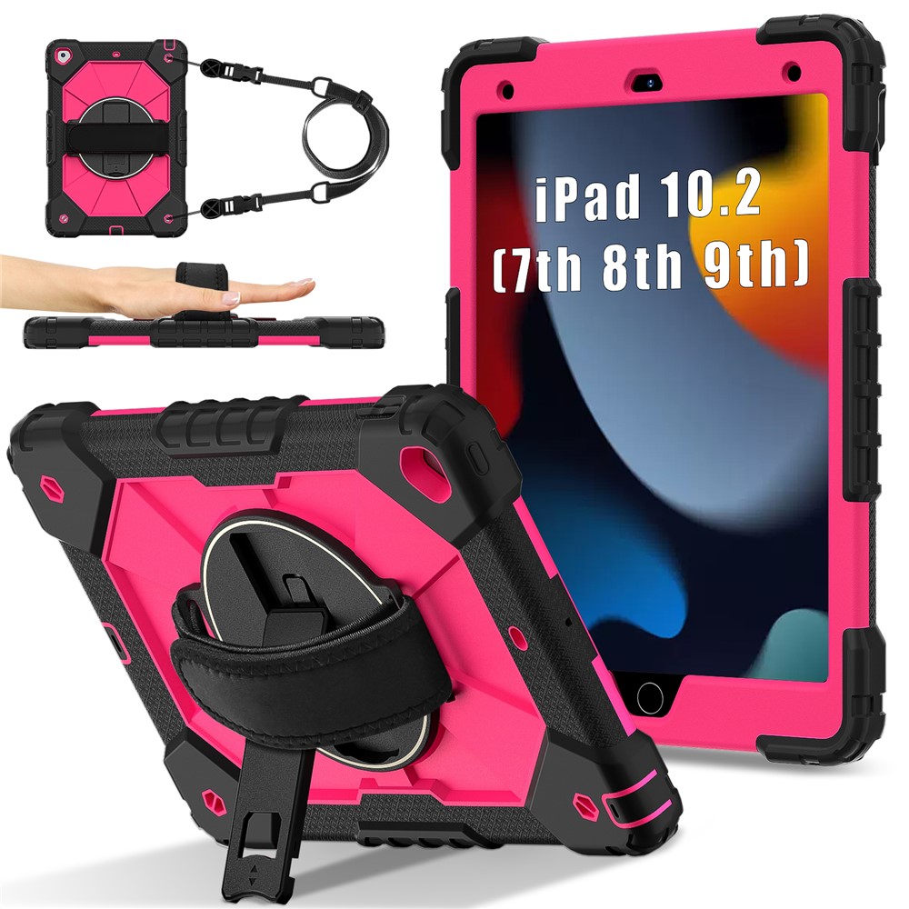Tablet Case For iPad 10.2 (2021) / (2020) / (2019) Silicone + PC Kickstand Cover with Handy Strap, Shoulder Strap - Black / Rose