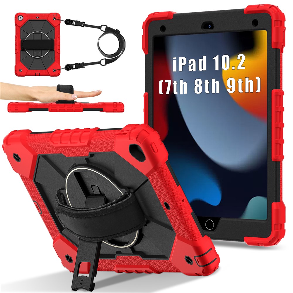 Tablet Case For iPad 10.2 (2021) / (2020) / (2019) Silicone + PC Kickstand Cover with Handy Strap, Shoulder Strap - Red / Black