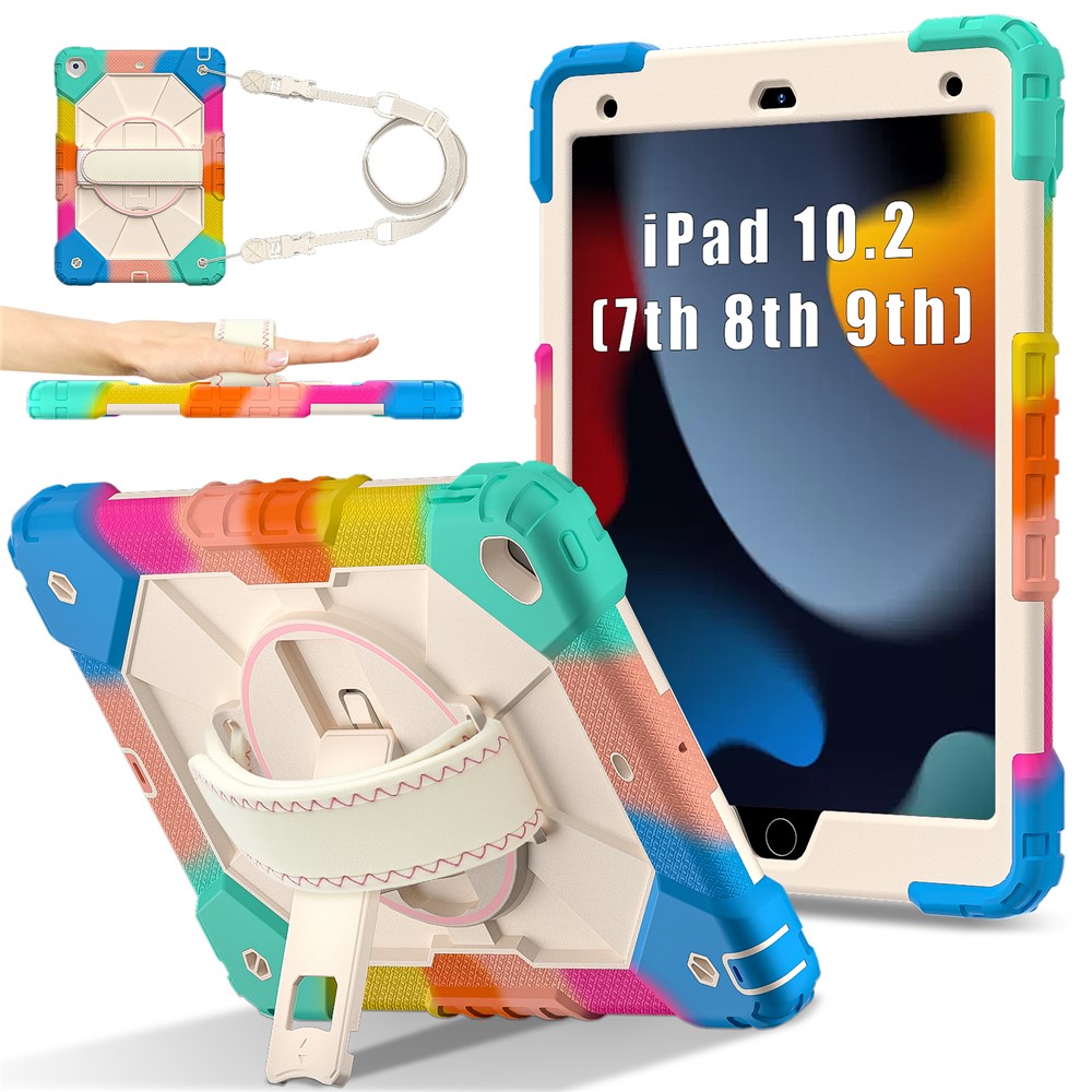 Tablet Case For iPad 10.2 (2021) / (2020) / (2019) Silicone + PC Kickstand Cover with Handy Strap, Shoulder Strap - Colorful Blue
