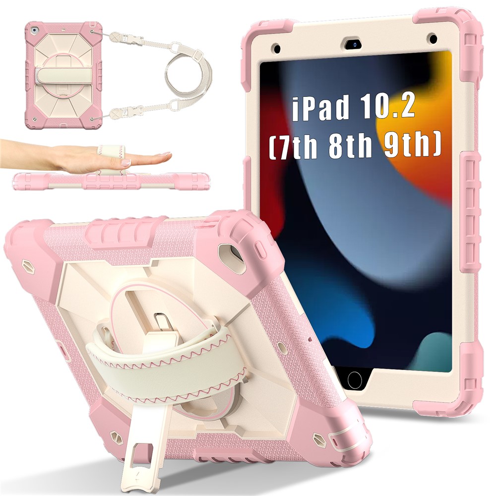 Tablet Case For iPad 10.2 (2021) / (2020) / (2019) Silicone + PC Kickstand Cover with Handy Strap, Shoulder Strap - Rose Gold