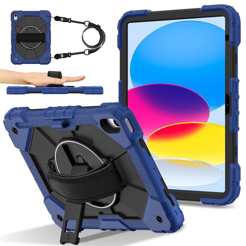 For iPad (2025) / 10.9 (2022) Case Silicone + PC Kickstand Tablet Cover with Handy Strap, Shoulder Strap - Navy Blue / Black