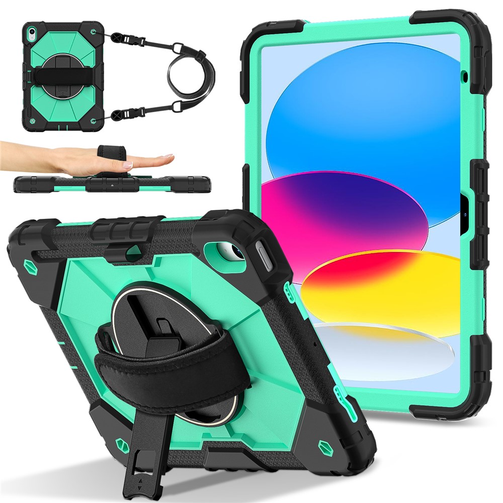For iPad (2025) / 10.9 (2022) Case Silicone + PC Kickstand Tablet Cover with Handy Strap, Shoulder Strap - Black / Mint Green