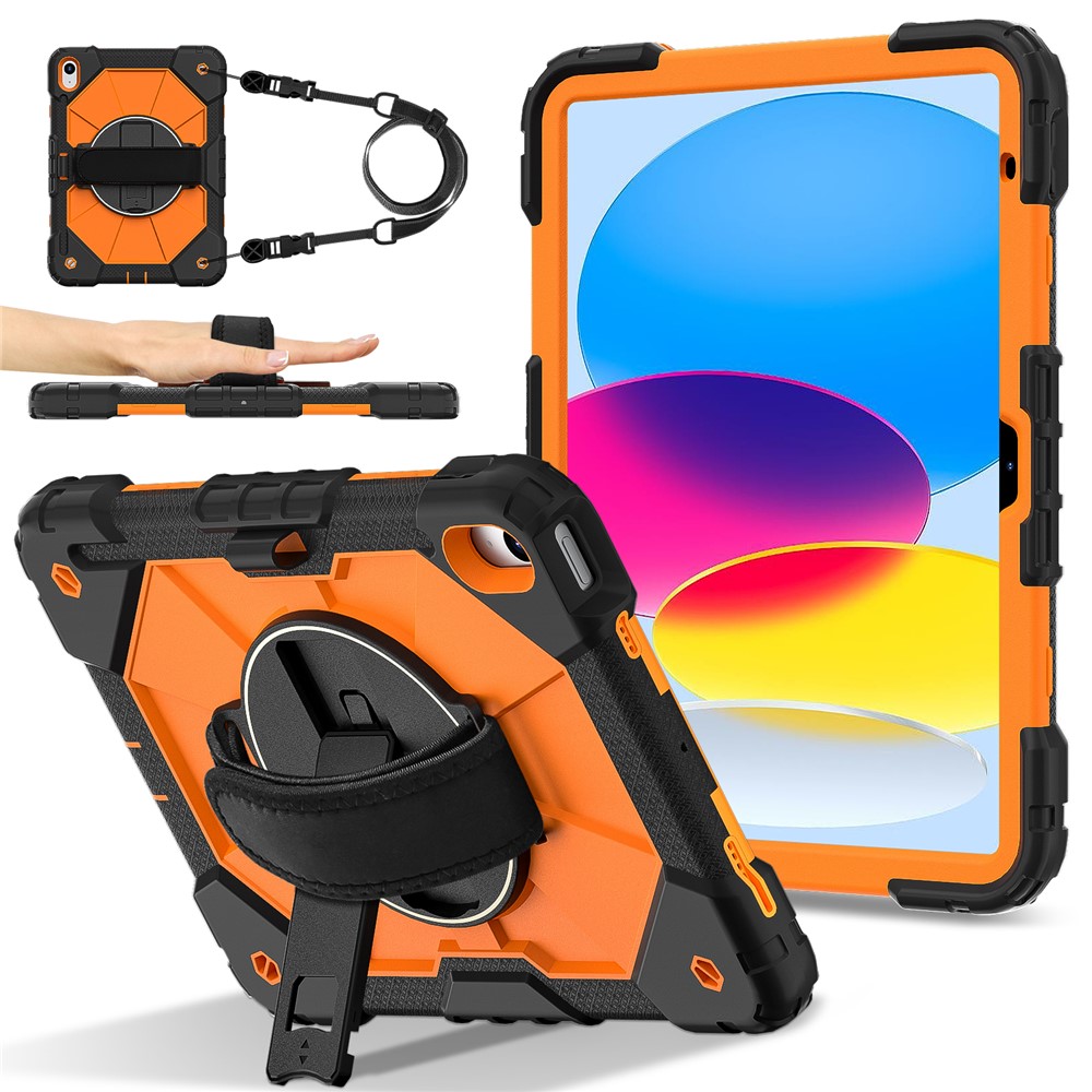 For iPad (2025) / 10.9 (2022) Case Silicone + PC Kickstand Tablet Cover with Handy Strap, Shoulder Strap - Black / Orange