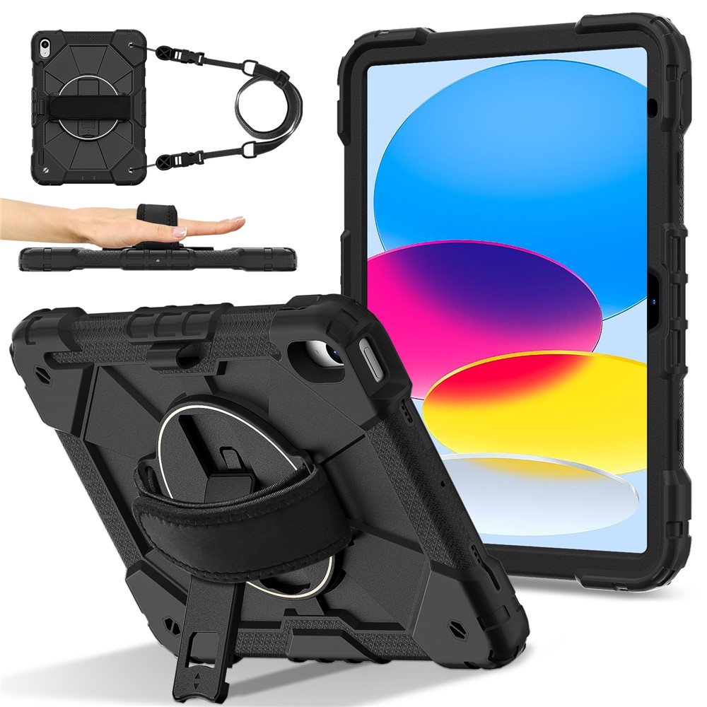 For iPad (2025) / 10.9 (2022) Case Silicone + PC Kickstand Tablet Cover with Handy Strap, Shoulder Strap - Black / Black