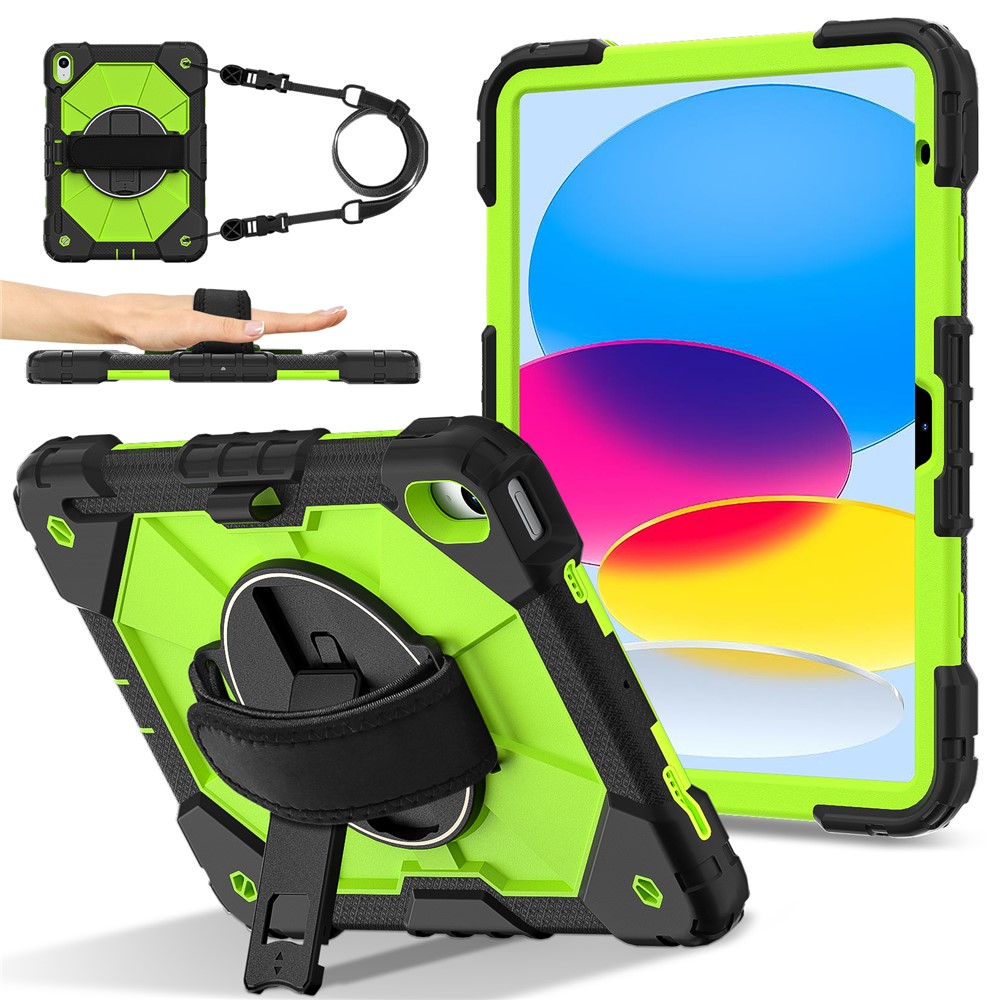 For iPad (2025) / 10.9 (2022) Case Silicone + PC Kickstand Tablet Cover with Handy Strap, Shoulder Strap - Black / Yellowgreen