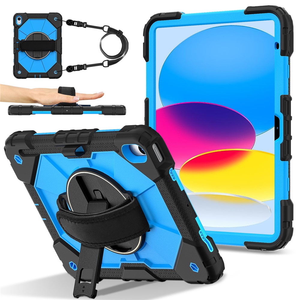 For iPad (2025) / 10.9 (2022) Case Silicone + PC Kickstand Tablet Cover with Handy Strap, Shoulder Strap - Black / Blue