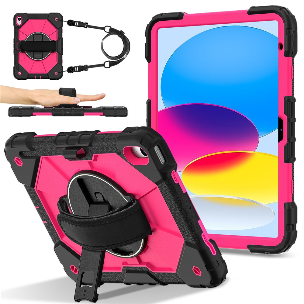 For iPad (2025) / 10.9 (2022) Case Silicone + PC Kickstand Tablet Cover with Handy Strap, Shoulder Strap - Black / Rose