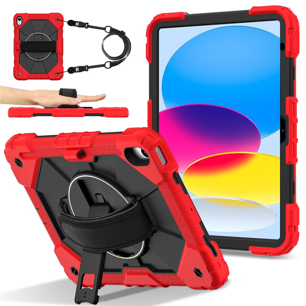 For iPad (2025) / 10.9 (2022) Case Silicone + PC Kickstand Tablet Cover with Handy Strap, Shoulder Strap - Red / Black