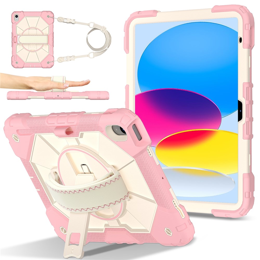 For iPad (2025) / 10.9 (2022) Case Silicone + PC Kickstand Tablet Cover with Handy Strap, Shoulder Strap - Rose Gold