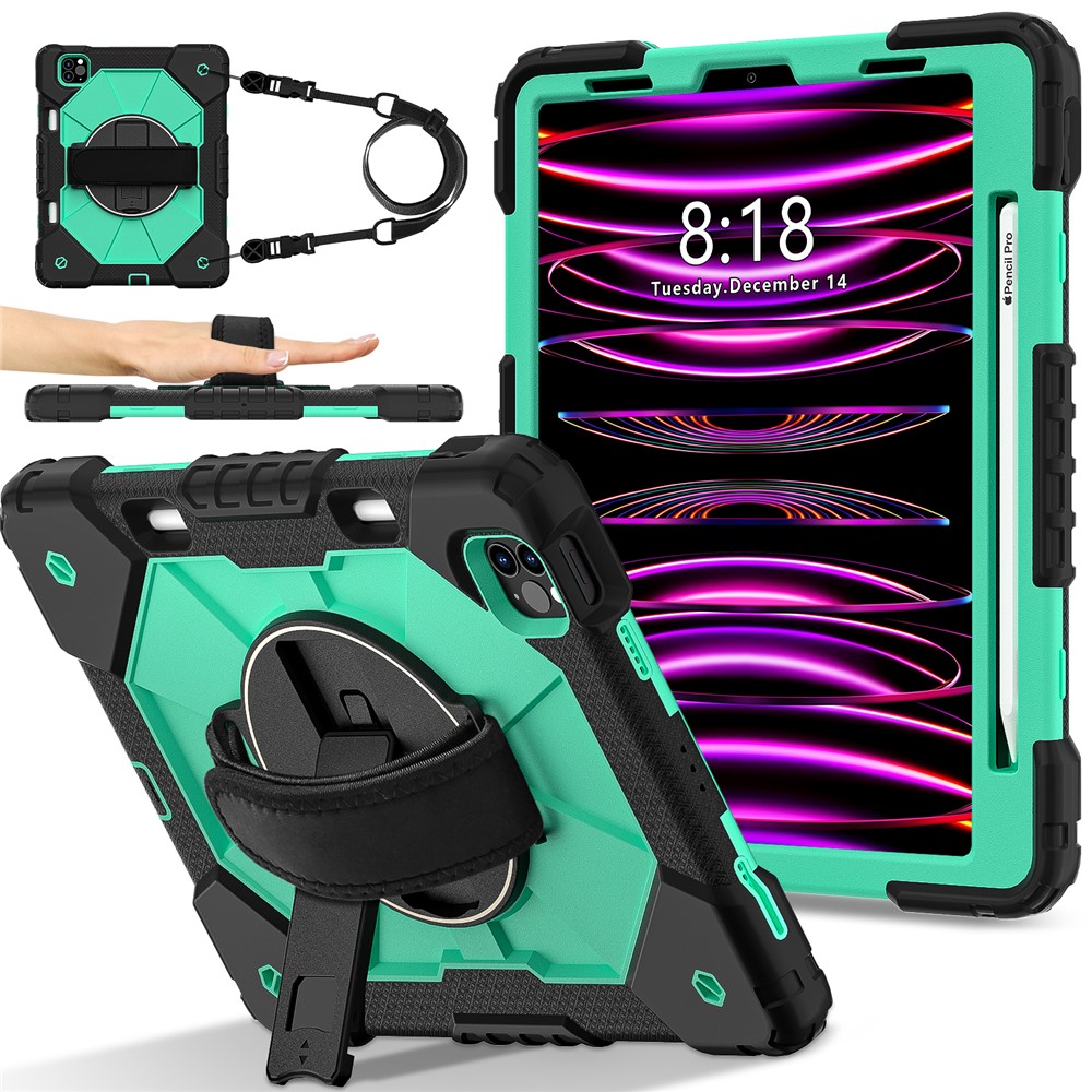 Tablet Case For iPad Pro 11 (2022) / (2021) / (2020) / (2018) / iPad Air (2022) / (2020) Silicone + PC Kickstand Cover with Strap - Black / Mint Green