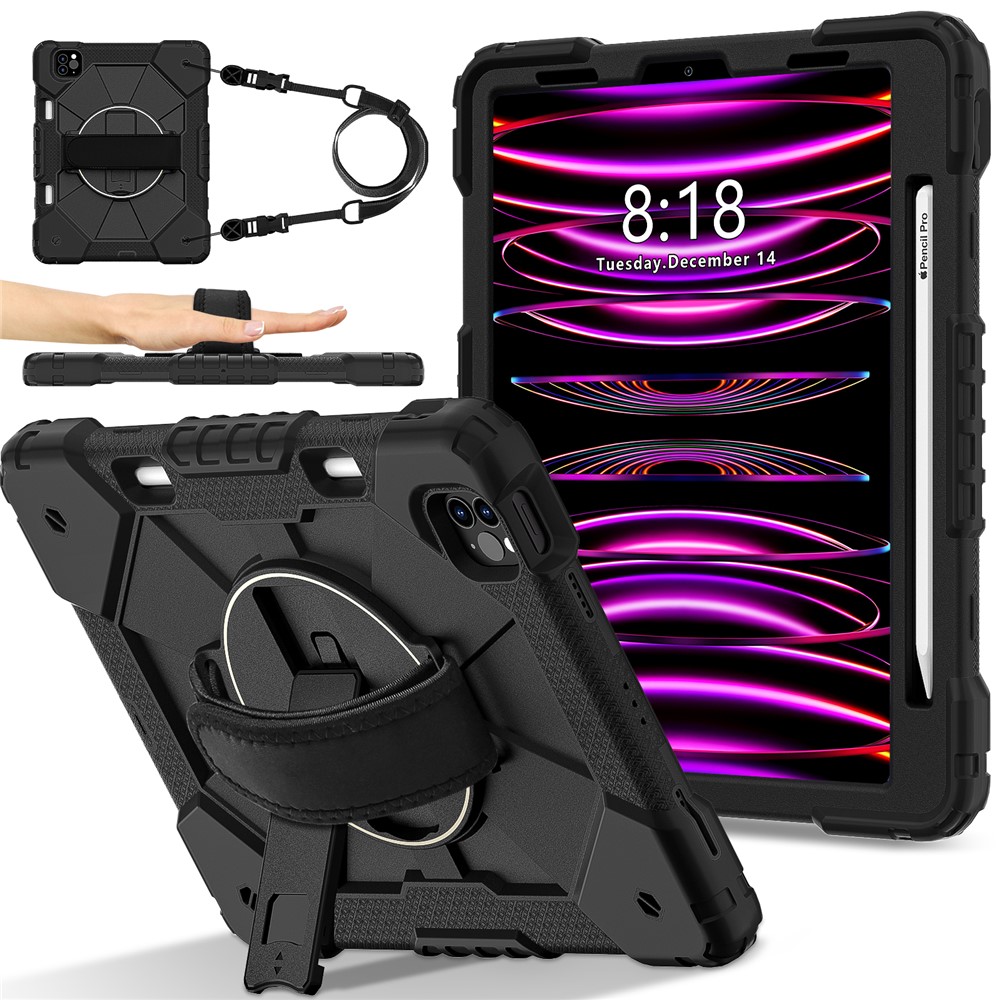 Tablet Case For iPad Pro 11 (2022) / (2021) / (2020) / (2018) / iPad Air (2022) / (2020) Silicone + PC Kickstand Cover with Strap - Black / Black