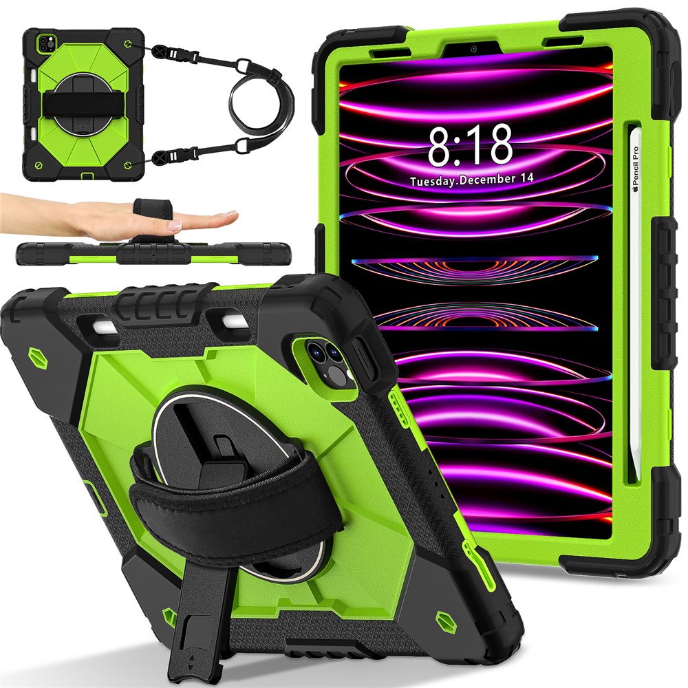 Tablet Case For iPad Pro 11 (2022) / (2021) / (2020) / (2018) / iPad Air (2022) / (2020) Silicone + PC Kickstand Cover with Strap - Black / Yellowgreen