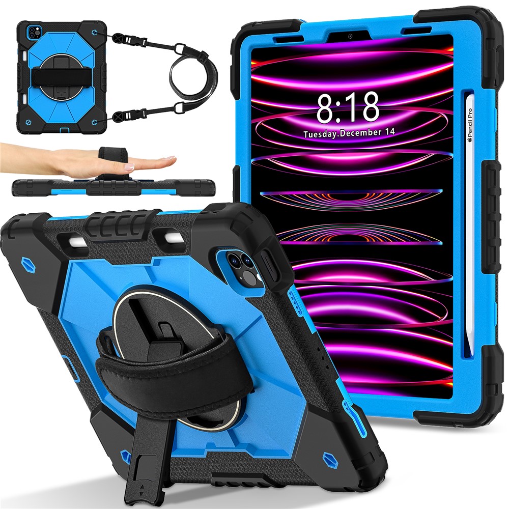Tablet Case For iPad Pro 11 (2022) / (2021) / (2020) / (2018) / iPad Air (2022) / (2020) Silicone + PC Kickstand Cover with Strap - Black / Blue