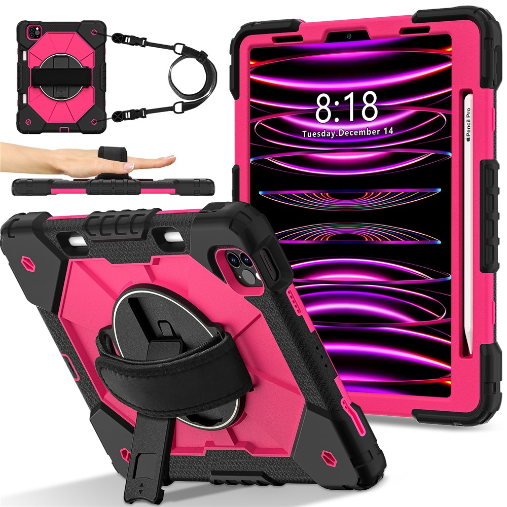 Tablet Case For iPad Pro 11 (2022) / (2021) / (2020) / (2018) / iPad Air (2022) / (2020) Silicone + PC Kickstand Cover with Strap - Black / Rose