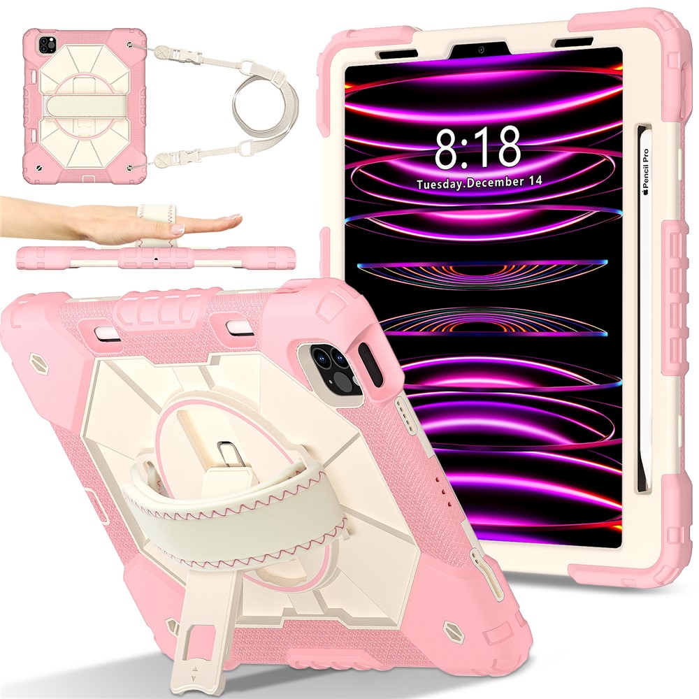 Tablet Case For iPad Pro 11 (2022) / (2021) / (2020) / (2018) / iPad Air (2022) / (2020) Silicone + PC Kickstand Cover with Strap - Rose Gold