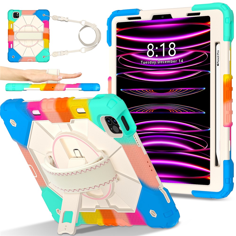Tablet Case For iPad Pro 11 (2022) / (2021) / (2020) / (2018) / iPad Air (2022) / (2020) Silicone + PC Kickstand Cover with Strap - Colorful Blue