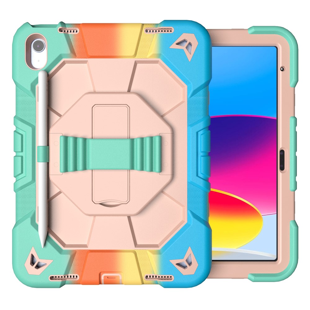 For iPad (2025) / 10.9 (2022) Case with Kickstand Wrist Strap PC + Silicone Tablet Cover - Rainbow