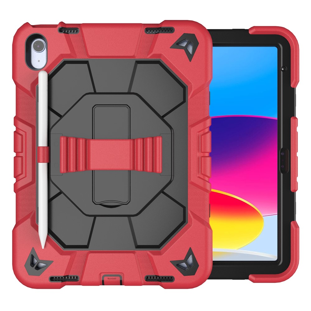For iPad (2025) / 10.9 (2022) Case with Kickstand Wrist Strap PC + Silicone Tablet Cover - Red + Black