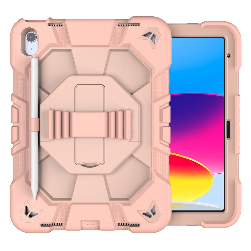 For iPad (2025) / 10.9 (2022) Case with Kickstand Wrist Strap PC + Silicone Tablet Cover - Pink