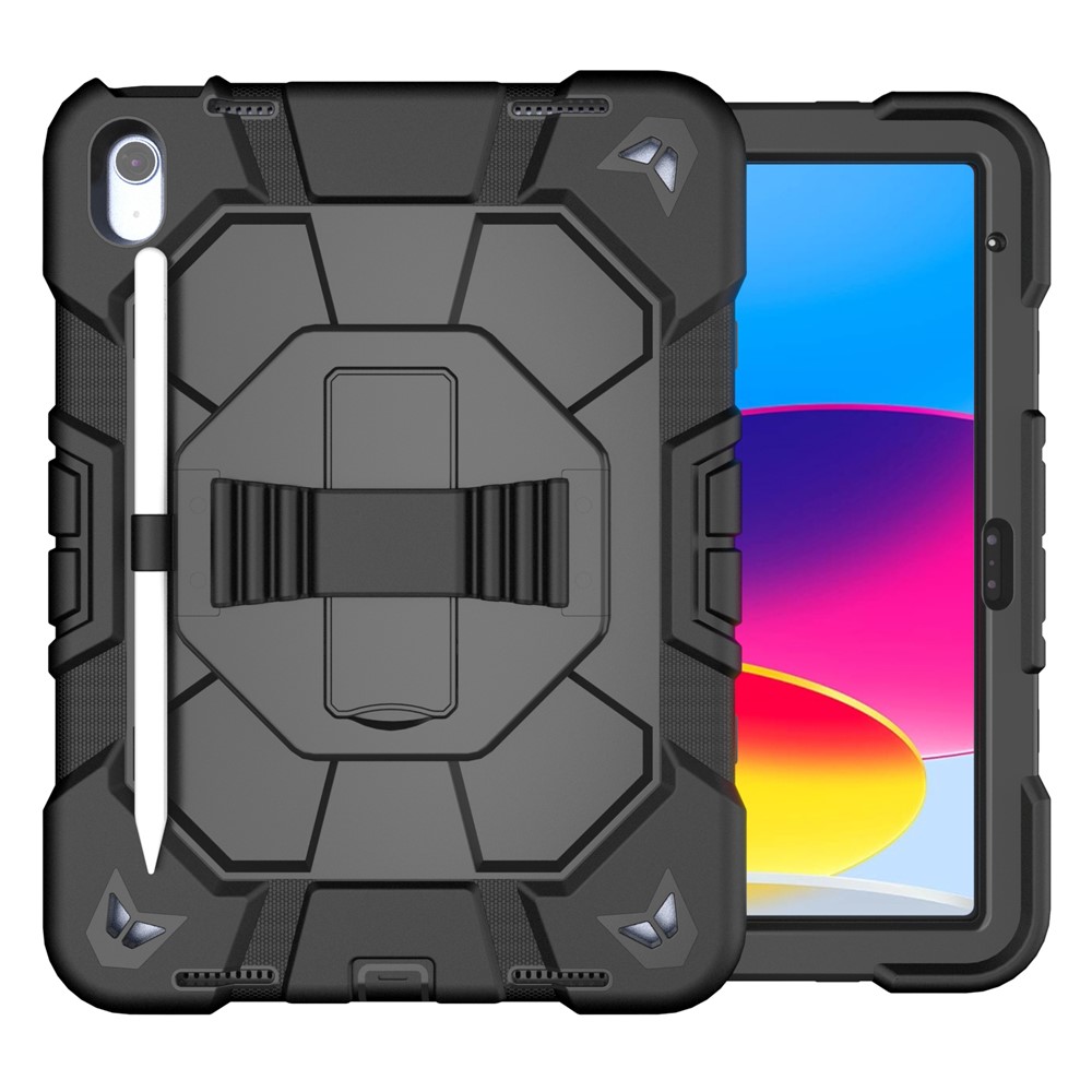 For iPad (2025) / 10.9 (2022) Case with Kickstand Wrist Strap PC + Silicone Tablet Cover - Black