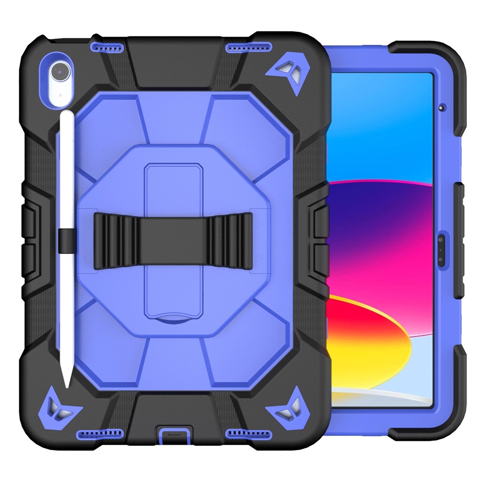 For iPad (2025) / 10.9 (2022) Case with Kickstand Wrist Strap PC + Silicone Tablet Cover - Black + Blue