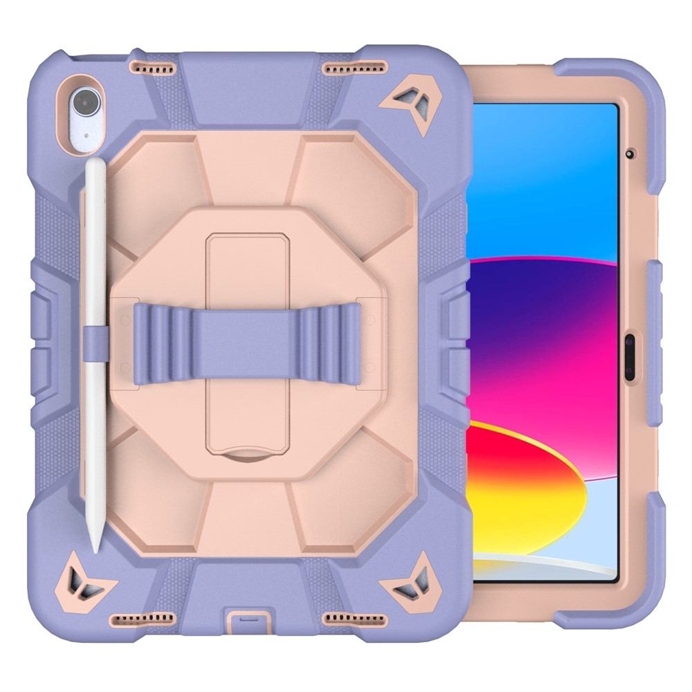 For iPad (2025) / 10.9 (2022) Case with Kickstand Wrist Strap PC + Silicone Tablet Cover - Purple + Pink