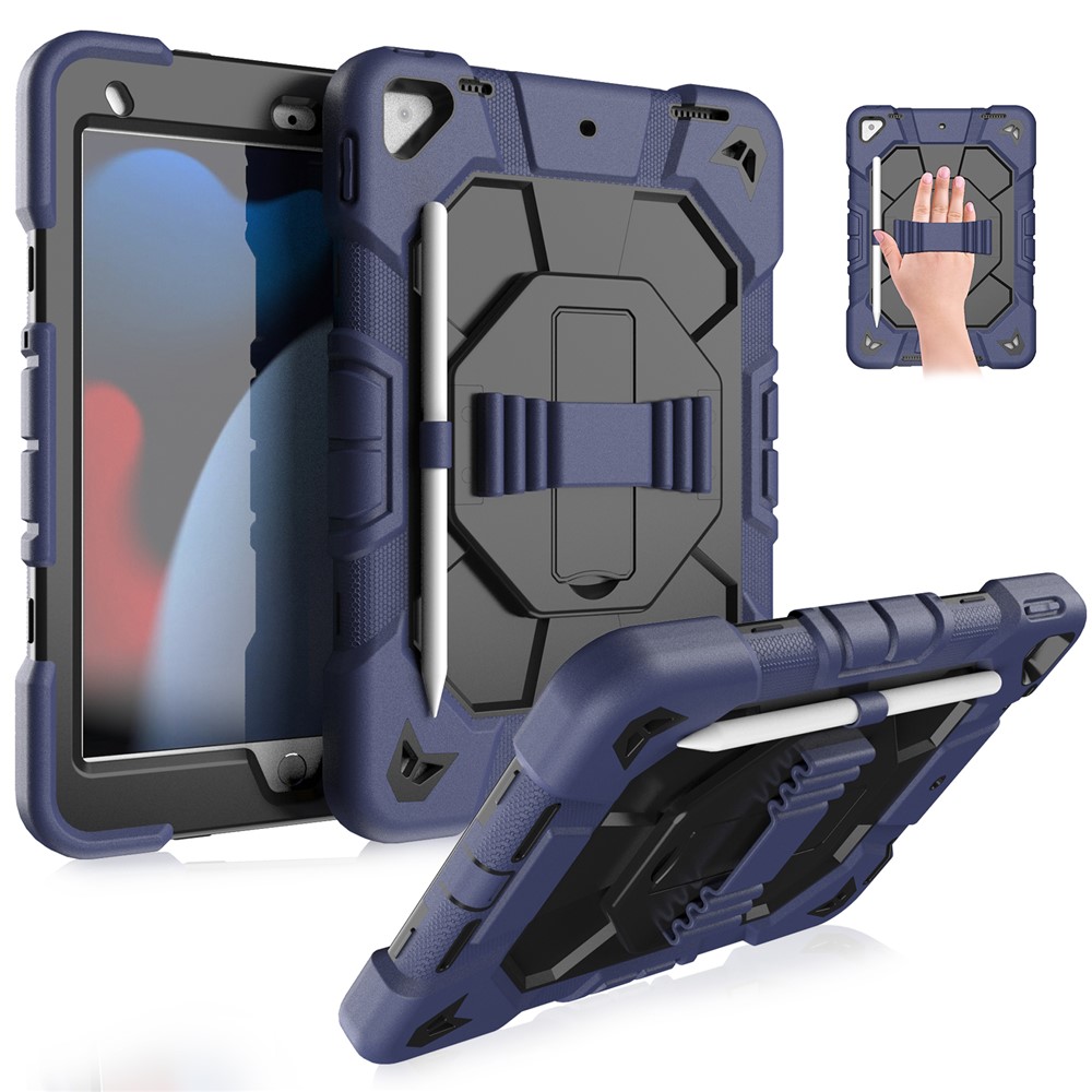 Tablet Case For iPad 10.2 (2021) / (2020) / (2019) PC + Silicone Wrist Strap Protective Cover - Navy Blue + Black