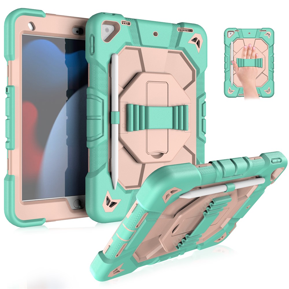 Tablet Case For iPad 10.2 (2021) / (2020) / (2019) PC + Silicone Wrist Strap Protective Cover - Green + Pink