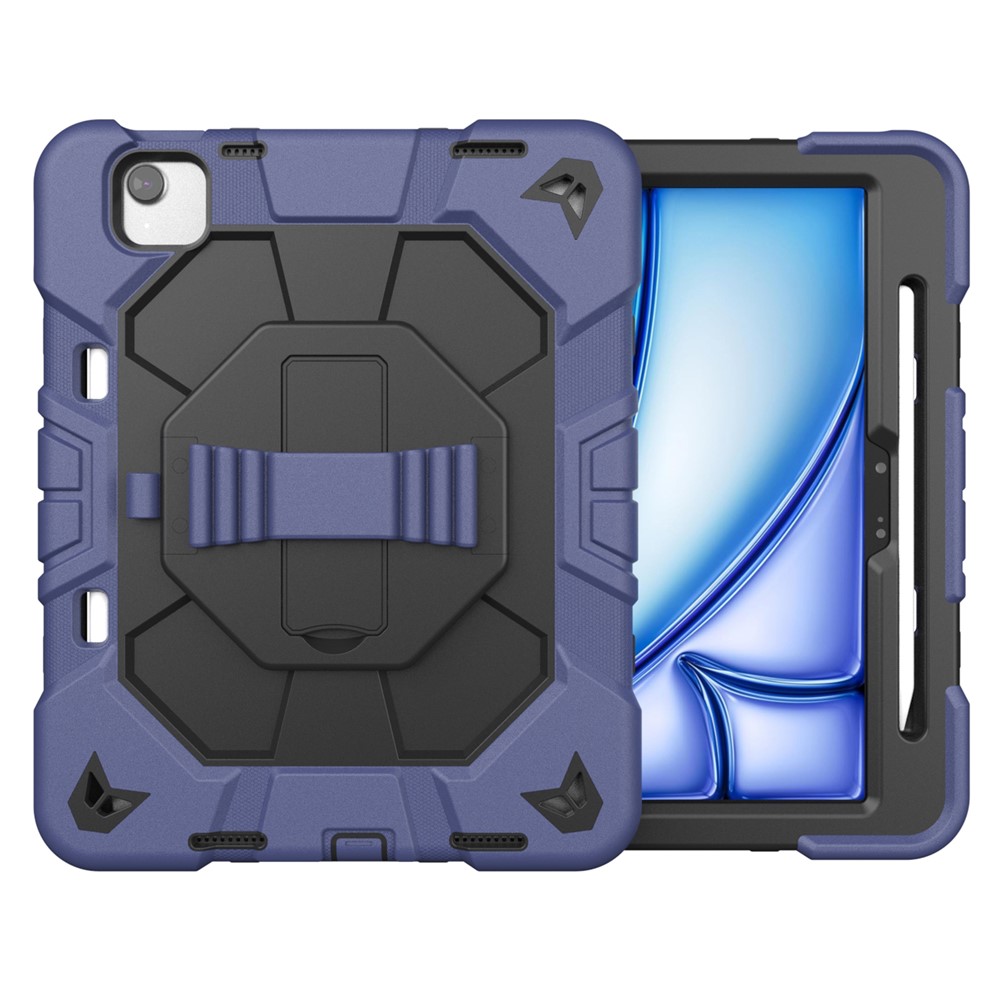 For iPad Air 11 (2025) / (2024) Case with Kickstand Wrist Strap PC + Silicone Tablet Cover - Navy Blue + Black