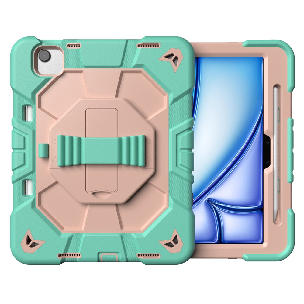 For iPad Air 11 (2025) / (2024) Case with Kickstand Wrist Strap PC + Silicone Tablet Cover - Green + Pink