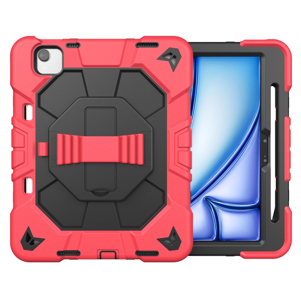 For iPad Air 11 (2025) / (2024) Case with Kickstand Wrist Strap PC + Silicone Tablet Cover - Red + Black