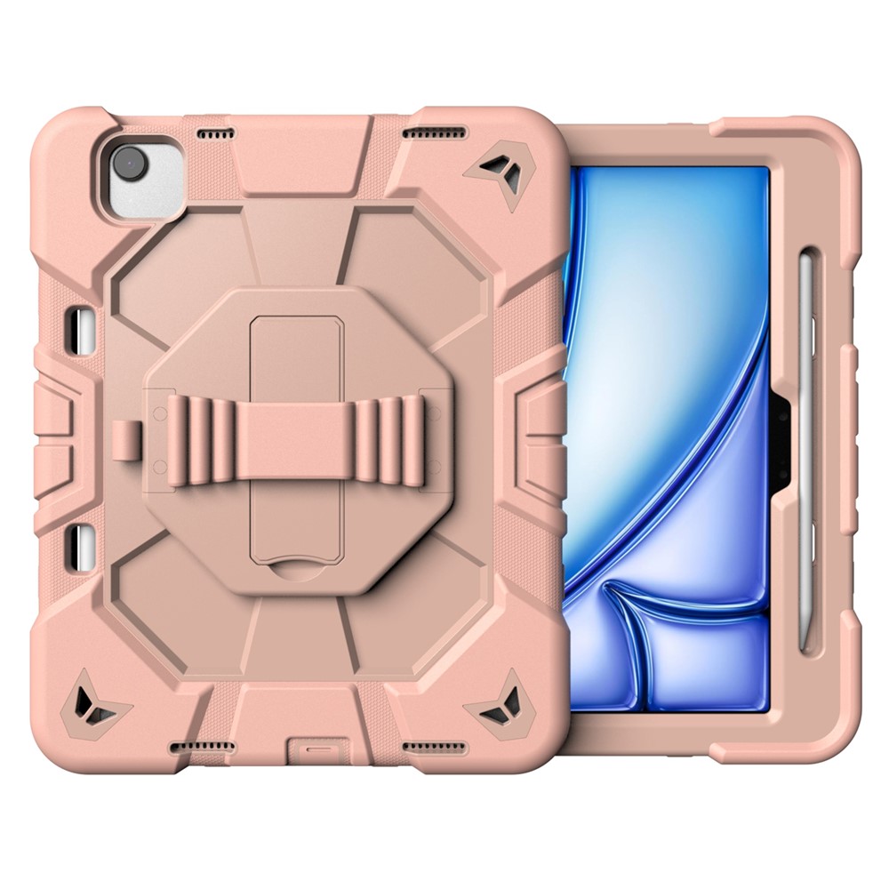 For iPad Air 11 (2025) / (2024) Case with Kickstand Wrist Strap PC + Silicone Tablet Cover - Pink
