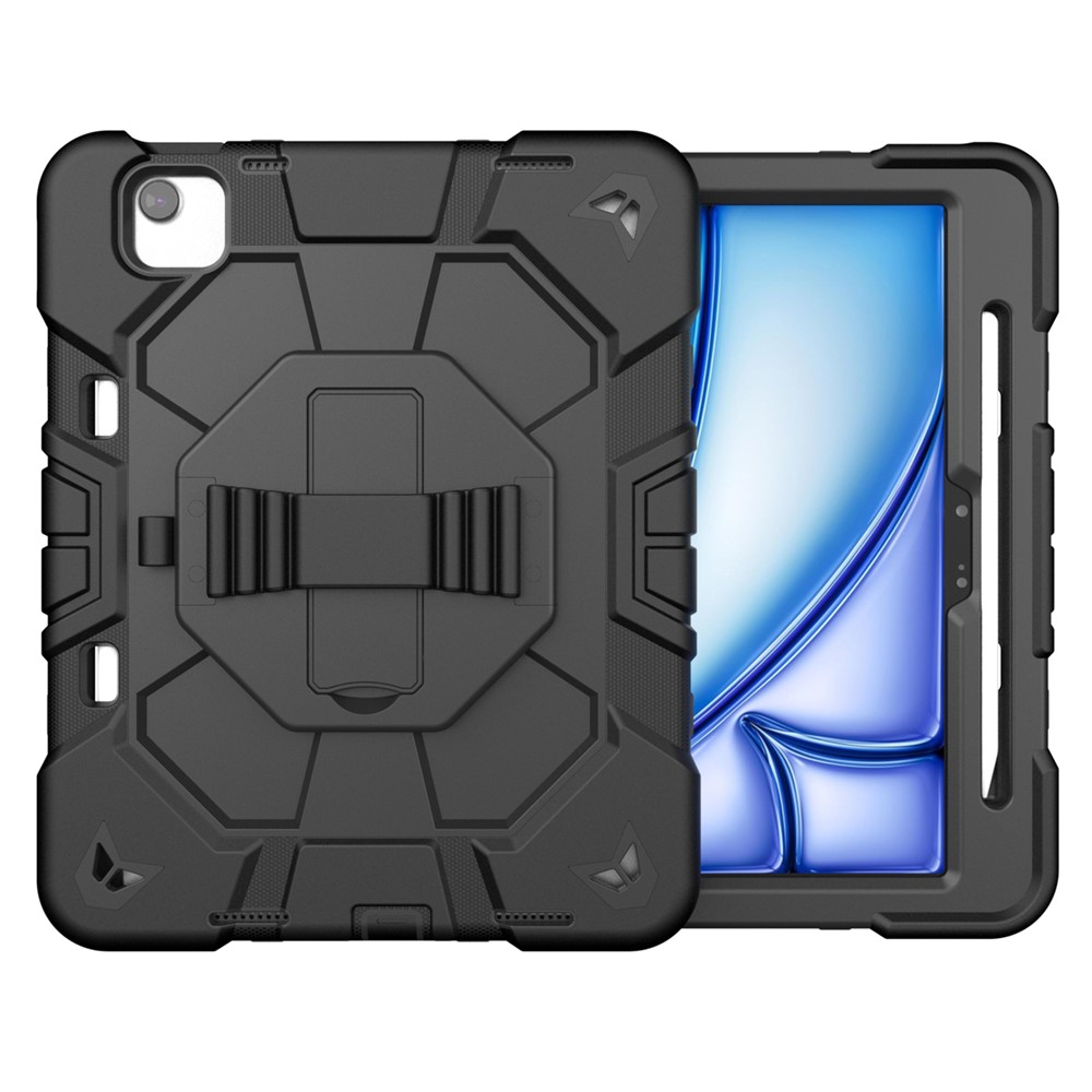 For iPad Air 11 (2025) / (2024) Case with Kickstand Wrist Strap PC + Silicone Tablet Cover - Black
