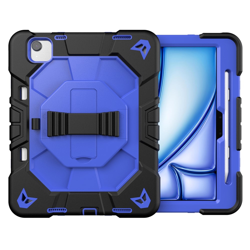 For iPad Air 11 (2025) / (2024) Case with Kickstand Wrist Strap PC + Silicone Tablet Cover - Black + Blue