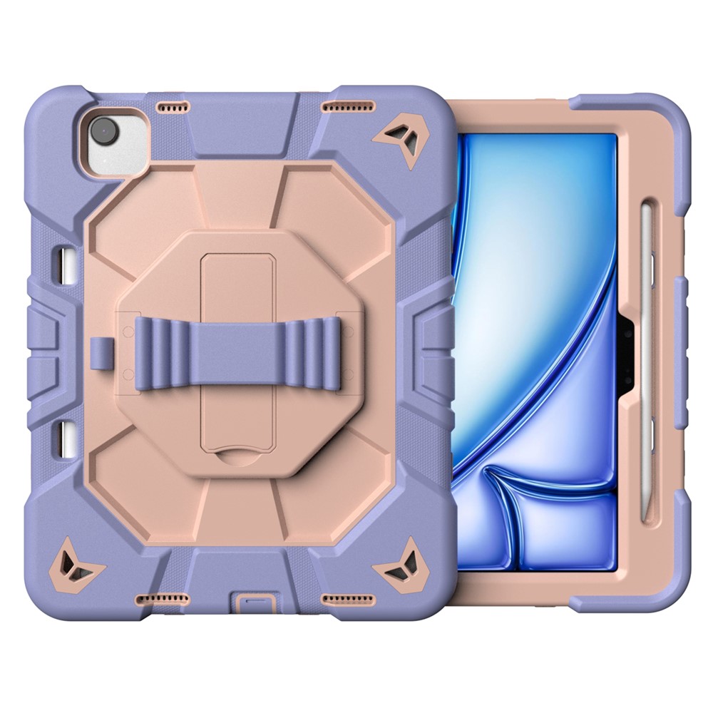 For iPad Air 11 (2025) / (2024) Case with Kickstand Wrist Strap PC + Silicone Tablet Cover - Purple + Pink