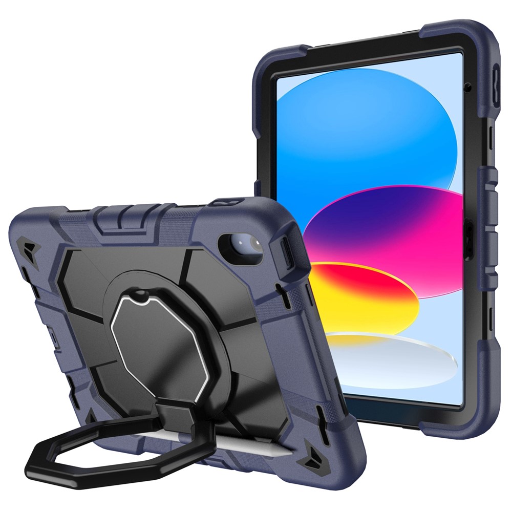 For iPad (2025) / 10.9 (2022) Case with Hand Grip Kickstand PC + Silicone Tablet Cover - Navy Blue + Black