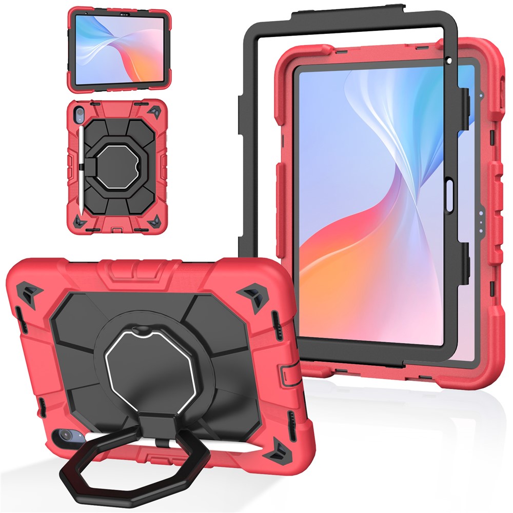 For iPad (2025) / 10.9 (2022) Case with Hand Grip Kickstand PC + Silicone Tablet Cover - Red + Black