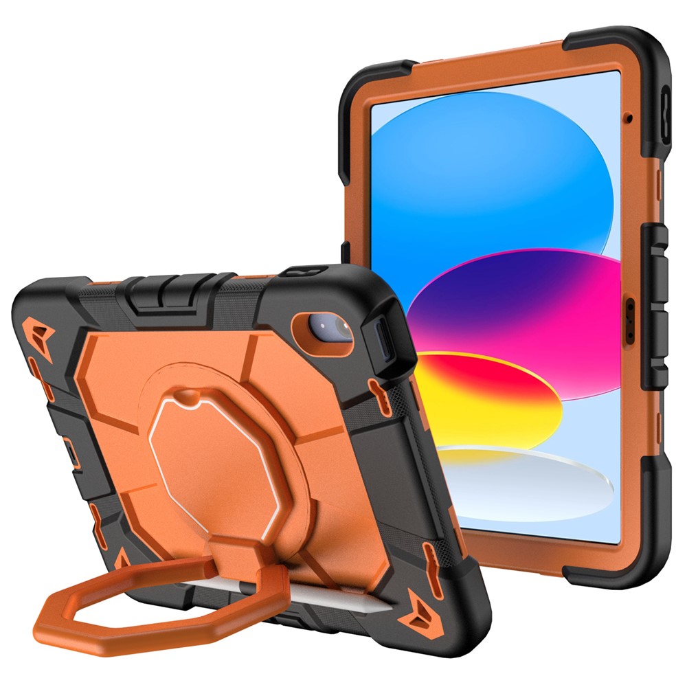 For iPad (2025) / 10.9 (2022) Case with Hand Grip Kickstand PC + Silicone Tablet Cover - Black + Orange