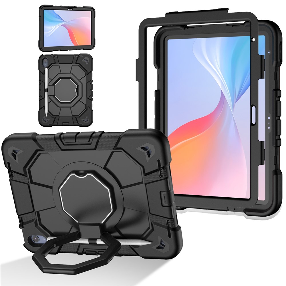 For iPad (2025) / 10.9 (2022) Case with Hand Grip Kickstand PC + Silicone Tablet Cover - Black