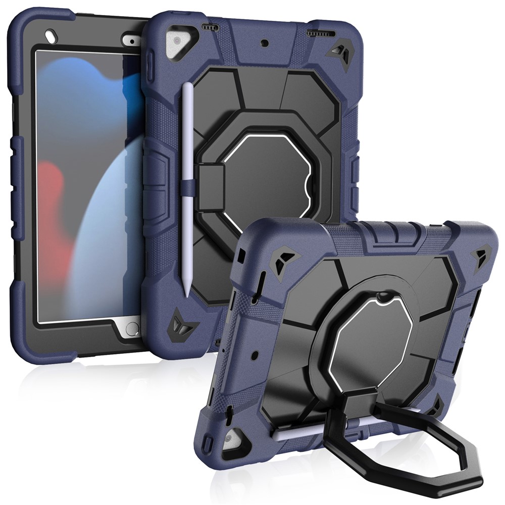 Tablet Case For iPad 10.2 (2021) / (2020) / (2019) PC + Silicone Cover with Hand Grip Kickstand - Navy Blue + Black