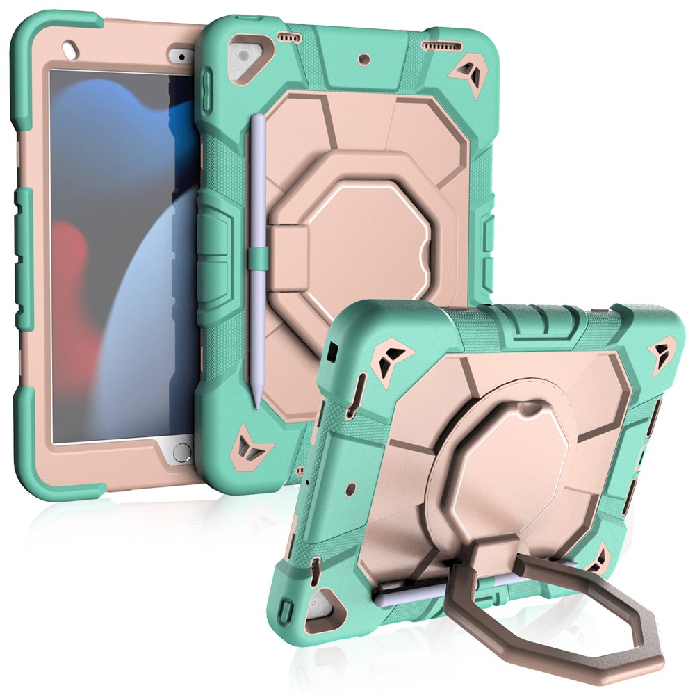 Tablet Case For iPad 10.2 (2021) / (2020) / (2019) PC + Silicone Cover with Hand Grip Kickstand - Green + Pink