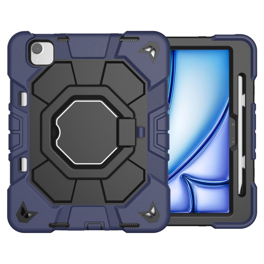 For iPad Air 11 (2025) / (2024) Case with Hand Grip Kickstand PC + Silicone Tablet Cover - Navy Blue + Black