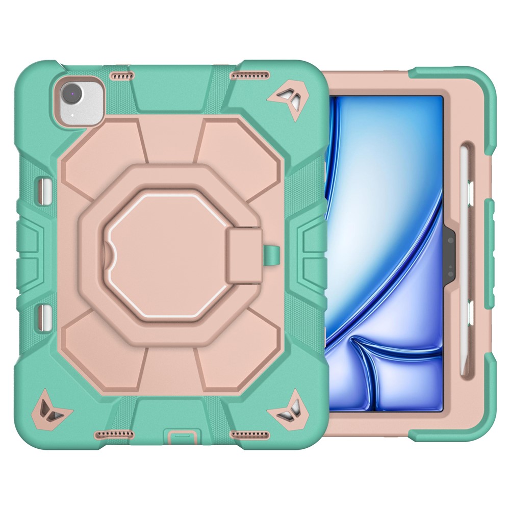 For iPad Air 11 (2025) / (2024) Case with Hand Grip Kickstand PC + Silicone Tablet Cover - Green + Pink