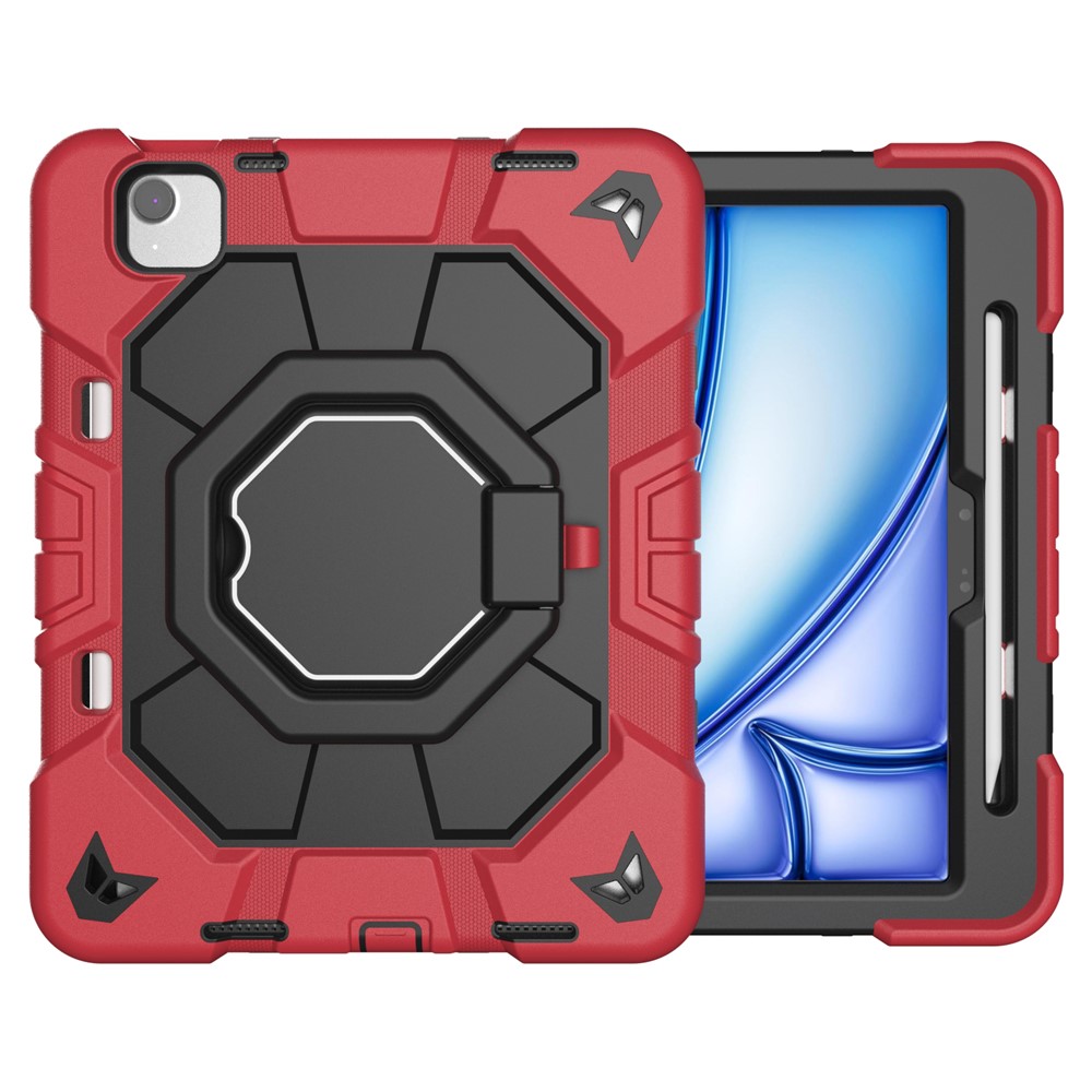 For iPad Air 11 (2025) / (2024) Case with Hand Grip Kickstand PC + Silicone Tablet Cover - Red + Black