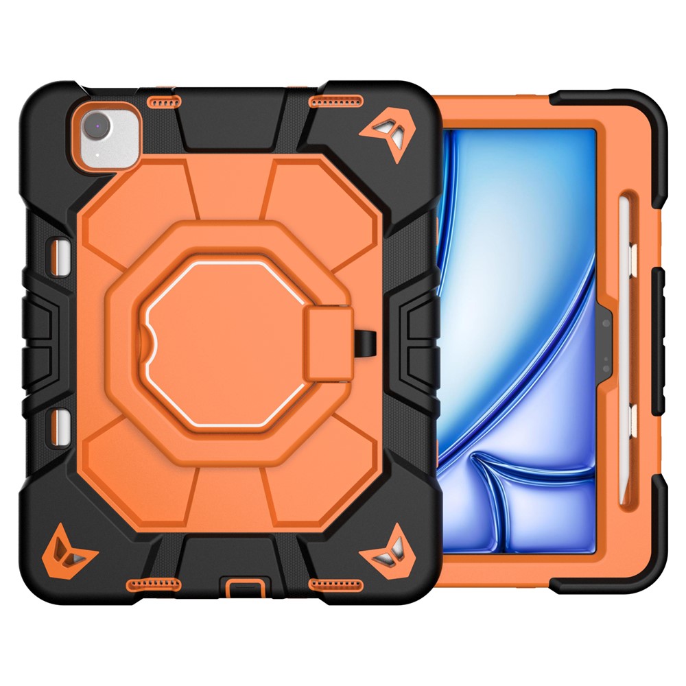 For iPad Air 11 (2025) / (2024) Case with Hand Grip Kickstand PC + Silicone Tablet Cover - Black + Orange