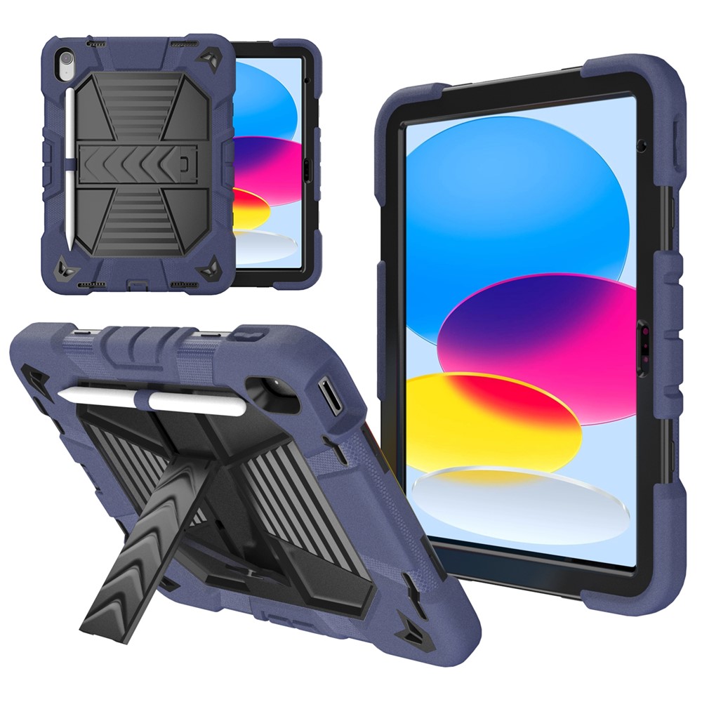 For iPad (2025) / 10.9 (2022) Tablet Case with Kickstand PC + Silicone Shockproof Protective Cover - Navy Blue + Black