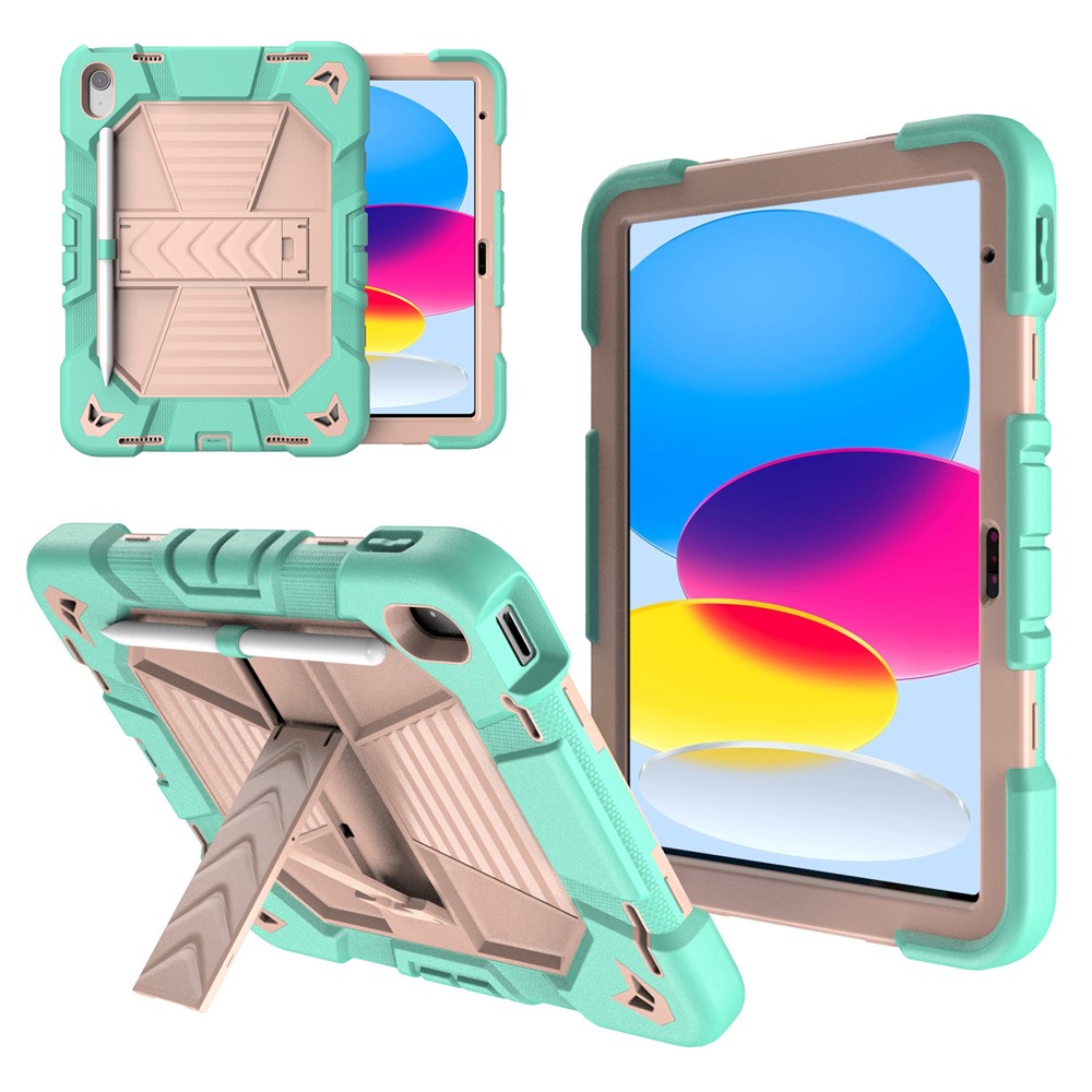 For iPad (2025) / 10.9 (2022) Tablet Case with Kickstand PC + Silicone Shockproof Protective Cover - Green + Pink